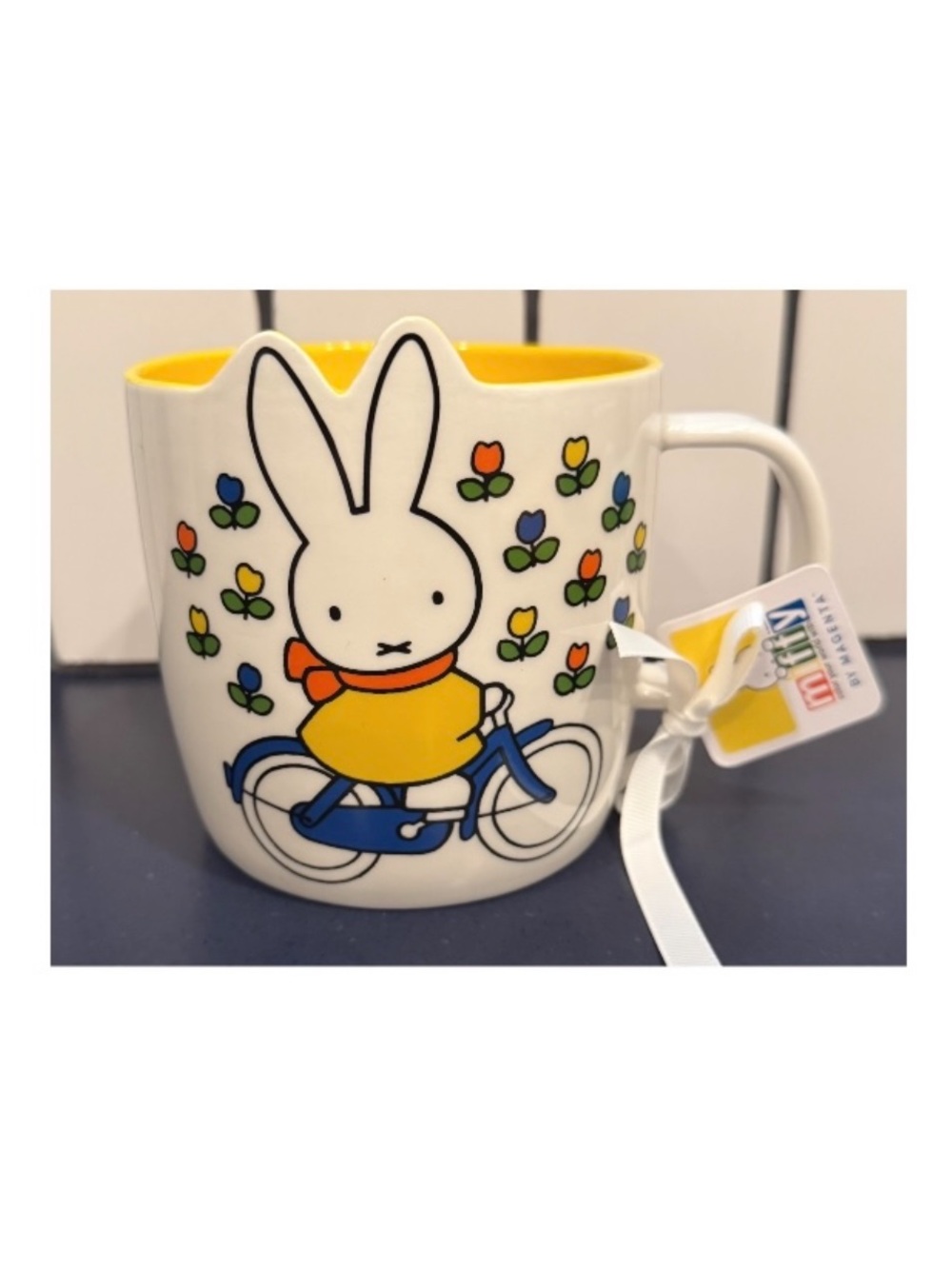 miffy nwt Yellow & Blue Ceramic Mug with floral Bicycle Design